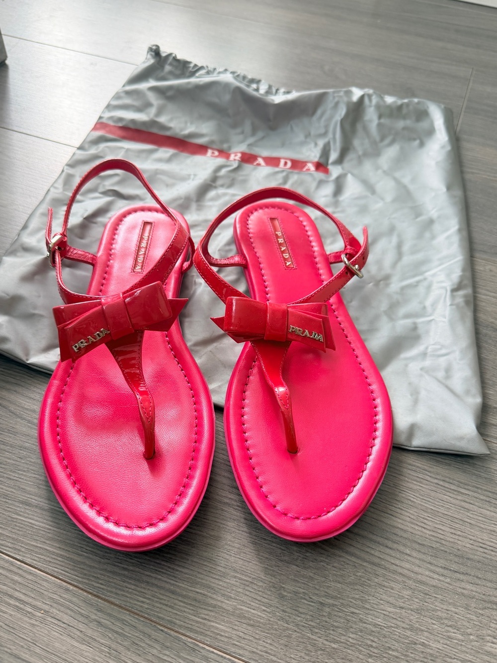 Prada Fuchsia Bow T-Strap Sandals
